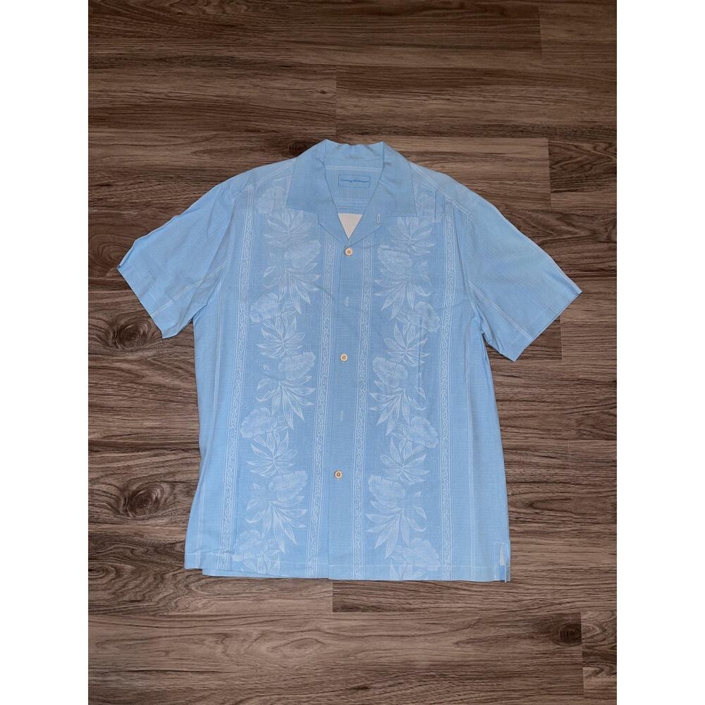 Tommy Bahama Shirt Mens Large Blue Silk Hawaiian Camp Jacquard Short Sleeve